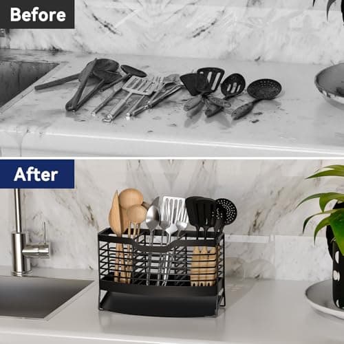Basysnck Utensil Holder, Stainless Steel Utensil Drying Holder for Kitchen Counter, Self-Draining Utensil Drying Rack with 3 Compartments Cutlery Flatware Silverware Organizer - Thumbnail 5