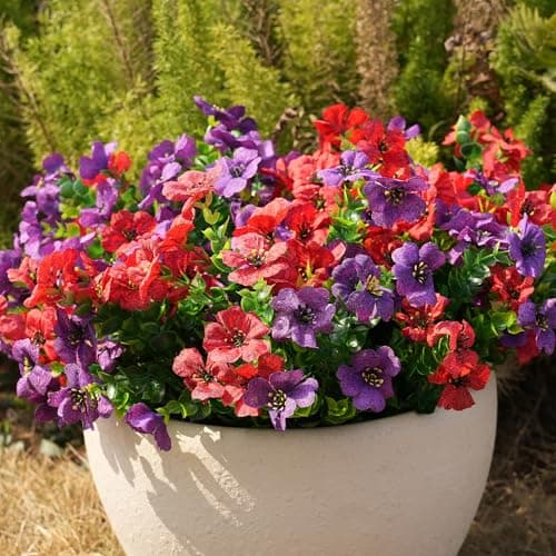 Vemander Artificial Flowers for Outdoor Fake Plants for Spring Decoration,Faux Eucalyptus Flowers for Planter UV Resistant Lifelike for Home Porch Garden (Purple/Red) - Thumbnail 5