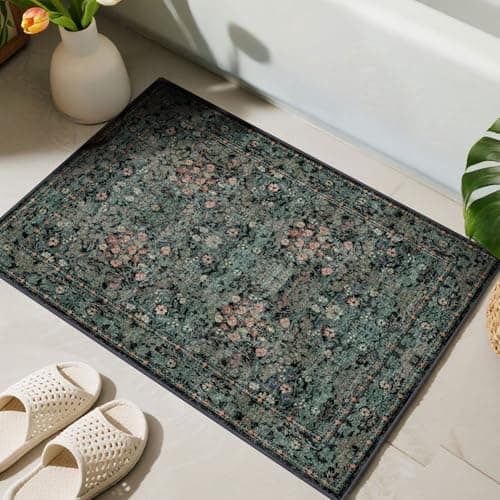 Boho Floral Washable Entry Small Rug, 2x3 Dark Green Distressed Kitchen Throw Rug - Soft Cottagecore Botanical Floor Mat for Bathroom, Laundry, Front Door, Indoor Entrance with Low Pile, Non Slip - Thumbnail 4