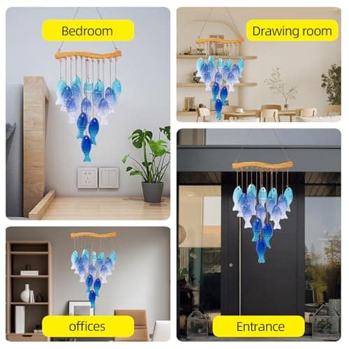Wind Chimes Blue Glass Sea, Garden Wind Chime for Home, Beach Party, Festival Decor, Glass Garden Patio Yard Porch Decoration Indoor/Outside, Lifelike Fish Style - Thumbnail 6