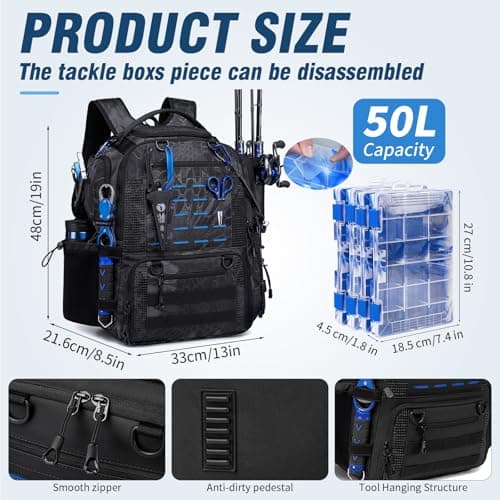 oinitiry Fishing Tackle Backpack with Tackle Boxes, Two Rod Holders, Bottle Holder, 50L Waterproof Tackle Bag for Fishing Gear, Fish Gifts for Men, Black Camo (4 Tackle Boxes Included - Thumbnail 6