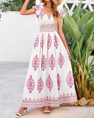 BTFBM Summer Dresses for Women 2026 Casual Floral Boho Sleeveless Square Neck A Line Flowy Beach Maxi Sundress Pockets(Floral White Rose Red, Small) - Thumbnail 6
