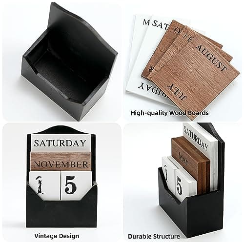 Perpetual Calendar Wooden Blocks Calendar for Home Valentines Day Gift Decor Office Decorations Desk Date Week Month Accessories (Black Calendar) - Thumbnail 4