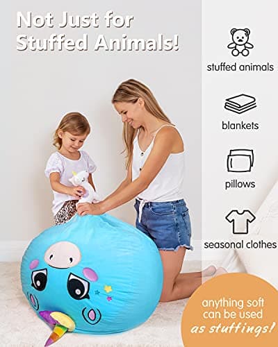 Aubliss Stuffed Animal Storage, Velvet Bean Bag Chairs Cover, Large 32" Ultra Soft Kids Toy Storage Organizer for Blankets Towels Clothes, Blue Big Eyes - Thumbnail 4