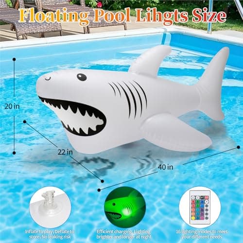 40inch Solar Pool Floats Lights, IP68 Waterproof Solar Powered Shark Floating Pool Lights,16 Colors RGB Inflatable Light Up Pool Float for Above Ground Pools, Outdoor Swimming Pool Decorations - Thumbnail 4