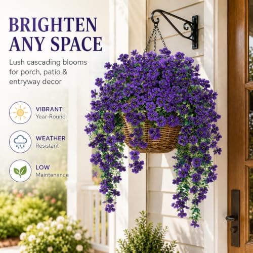 UV Resistant Artificial Hanging Flowers Outdoor Decor - 2 Pack Fake Hanging Plants with Silk Daisies for Spring Summer, No Fade Faux Flowers for Planter, Front Door, Porch, Patio, Garden, Yard - Thumbnail 5