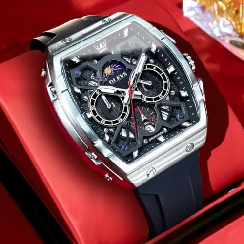 OLEVS Black Watches for Men 3ATM Waterproof Chronograph Men Watch Analog Quartz 44mm Square Watch for Men with Date Silver Bezel Silicone Strap Professional Look for Office Daily Wear - Thumbnail 6