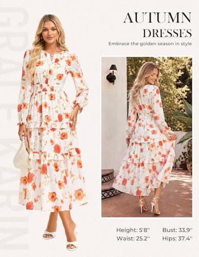 GRACE KARIN Women's Floral Long Sleeve Maxi Dress 2026 V Neck Fall Wedding Guest Outfits Boho Flowy Dresses with Pockets Orange Floral L - Thumbnail 3