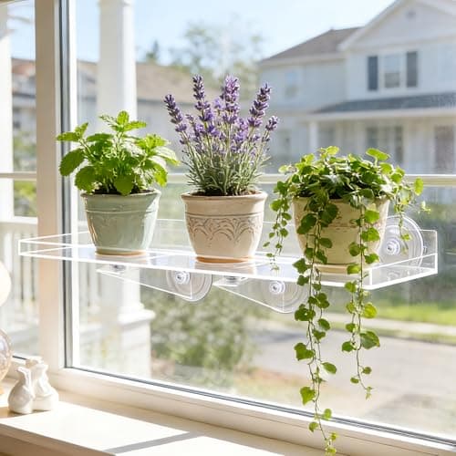 Leafory 2PCS Window Plant Shelves, 15.7 X 5.9inch Clear Acrylic Floating Shelf Strong Suction Cup Plant Holder with Bracket, Window Shelf for Plants Indoor - Thumbnail 2