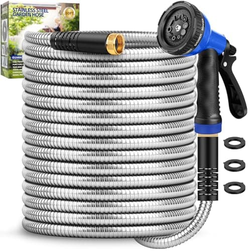 Garden Hose 50 ft, Stainless Steel Metal Hose, Flexible Water Hose with 10 Function Nozzle, Kink Free, Leak-Proof, Heavy Duty Hose for Yard, Outdoor, Lawn, RV, Car Wash and Camper Use
