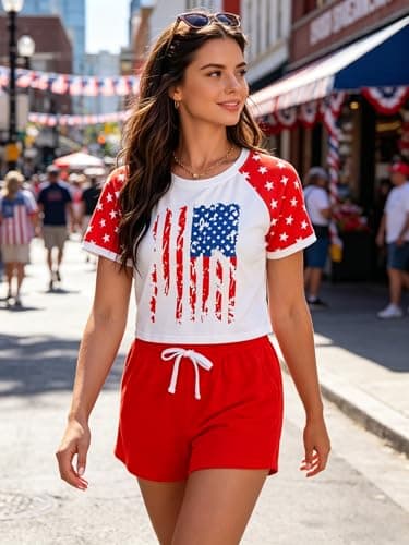 SFHFY 4th of July 2 Piece Outfit Women USA Shirt and Shorts Sets American Flag Shirts Crop Patriotic Set with Pockets - Thumbnail 5
