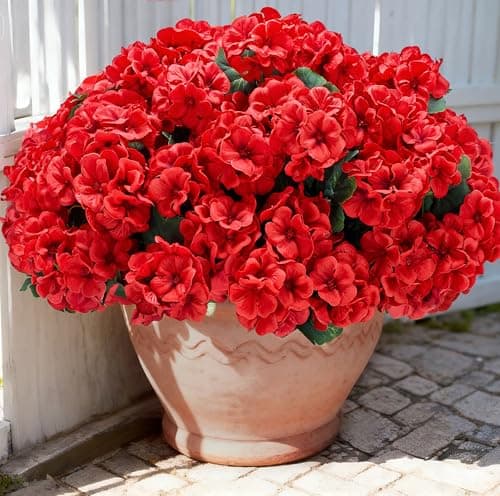 Karlliu Artificial Geranium Flowers for Outdoors: 6 PCS Realistic UV Resistant Faux Red Geranium Silk Flowers for Outdoor Planters Fade Proof Garden Fake Flowers Decor for Outside Porch - Red
