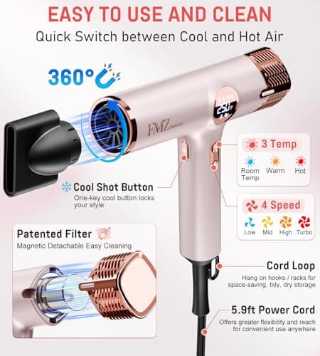 FMZ Professional Ionic Hair Blow Dryer with Smart Display, 1875W High Speed Brushless Motor for Fast Drying, Small Portable Light weight Low Noise, Curly Diffuser Blowdryer for Women Kids Salon Travel - Thumbnail 4