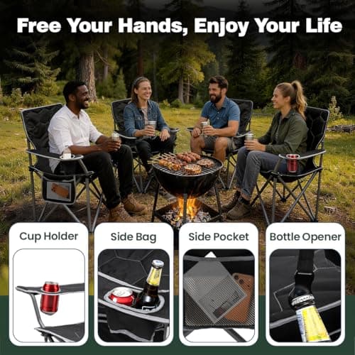 SUNNYFEEL Camping Chairs for Adults, Padded Oversized Camping Chair Heavy Duty 500LBS, Portable Lawn Chair with Cup Holder, Side Pocket&Bag for Outdoor Camping/Beach/Picnic/Fishing, Black 2 Pack - Thumbnail 5