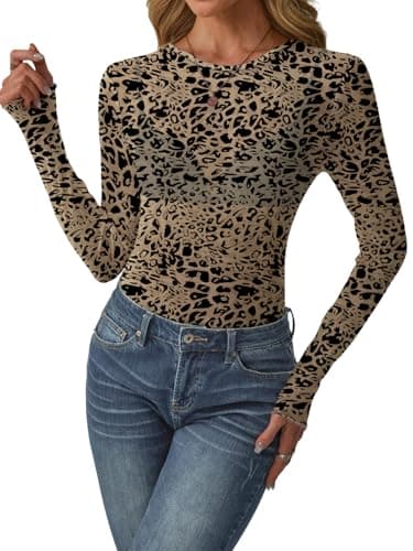 GKBK Womens Mesh Long Sleeve Tops Crew Neck Sexy See Through Tee Dressy Casual Shirts Party Club Night Lace Blouse Western Wear Outfit Clothes Going Out Clothing Leopard M - Thumbnail 2