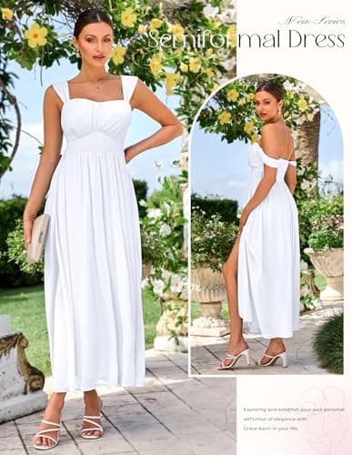 GRACE KARIN Summer White Dress for Women 2026,Off the Shoulder Smocked Bridesmaid Dresses,Formal Baby Shower Maxi Dresses L - Thumbnail 2