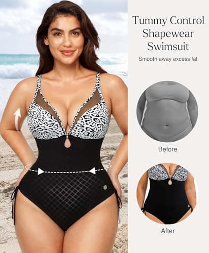 Popilush Tummy Control Swimsuits for Women - One Piece Shapewear Bathing Suit with Built-in Bra Mesh Slimming Swimsuit Leopard Black - Thumbnail 2