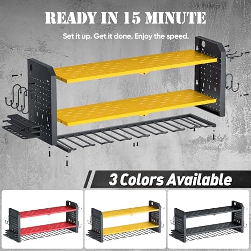 Nacial Power Tool Organizer Wall Mount, 8 Drill Holder Wall Mount with 3 Layer Cordless Tool Organizer, Heavy Duty Tools Organizer with 12 Hooks, Power Tool Storage for Garage Organization, Yellow - Thumbnail 6