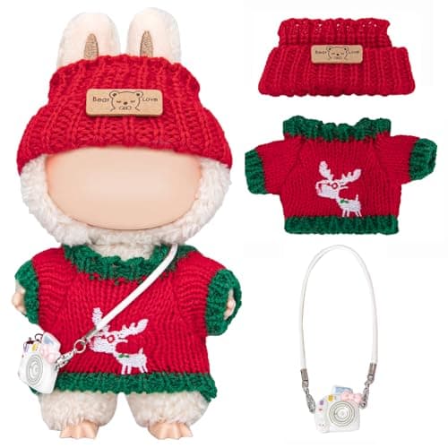 Doll Clothes for Labubu 17cm – 3-Piece Knit Doll Outfit Set (Sweater + Hat + Camera), Machine Washable Soft Yarn, Gift Box, Cute Doll Accessories for Labubu (No Doll)