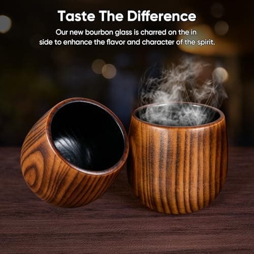 Upgraded Charred Wooden Bourbon Glasses, 2 Pack 10oz Wooden Whiskey Glasses, Unique Inner & Outer Charred Craftsmanship, Equipped with Stainless Ice Balls & Tongs, Premium Gift for Whiskey Lovers - Thumbnail 2