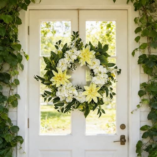 Nztze 22 Inch Wreaths for Front Door, Spring Summer Flower Wreath - Yellow Dahlia and White Hydrangea Artificial Wreath for Easter, Valentines, Front Door, Outdoor, Indoor, Window, Farmhouse Decor - Thumbnail 6