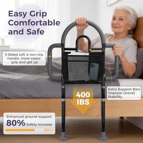 EASYVAVA Bed Rails for Elderly Adults Safety, Adjustable Bed Assist Rail - Portable Bed Cane Supports 400 Lbs,ASTM Approved Bedside Safety & Stability for Seniors,for Bed Frames 14.57"-20.67" - Thumbnail 3