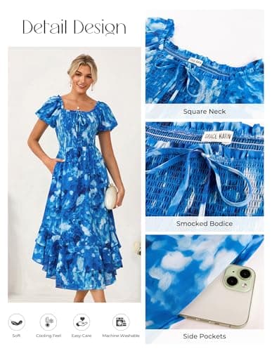 GRACE KARIN Womens Summer Floral Maxi Dress 2026 Flowy Wedding Guest Dress A Line Boho Dresses Fashion Clothing with Pockets Blue Floral M - Thumbnail 4