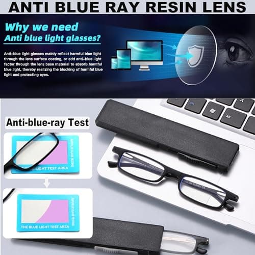 TOVEEN 3 Pack Compact Folding Reading Glasses Anti Blue Light UV, Ultra-thin Slim TR90 Readers with Portable Flat Case for Men Women Clear/Black/Gunmetal +1.5 - Thumbnail 3