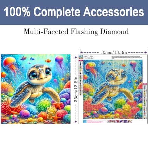 ijbnhd Cute Turtle Diamond Painting Kit for Adults, Sea Turtle Diamond Art Kits for Beginners, Full Drill Round Gem Art Diamond Painting for Home Wall Decor Gift 14x14inch - Thumbnail 2
