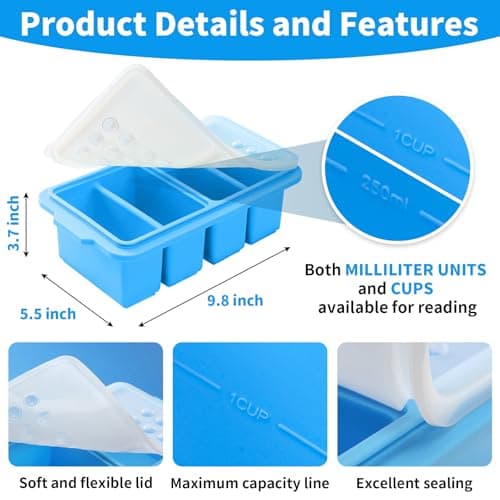 EuChoiz 2 Pack Silicone Freezer Tray Cubes 1 Cup with Date Mark Lids for Freezing Food Leftovers Sauces Portion and Lasagna Broth, Soup Freezer Molds for Meal Prepping Thick Enough - Thumbnail 5