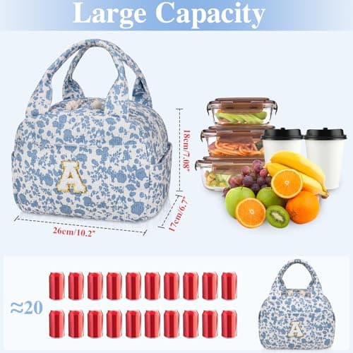 Large Lunch Bag for Women Men Cute Corduroy Lunch Tote Bags Reusable Lunch Box Adult Leakproof Portable Cooler Bag for Work Picnic or Travel Use (BlueWhite C) - Thumbnail 2