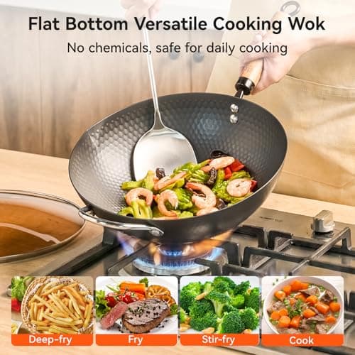 WANGYUANJI Carbon Steel Wok Pan, 12.6 Inch Flat Bottom Stir Fry Pan with Lid, Uncoated Heavy Duty Iron Wok for Induction and Gas Stoves - Thumbnail 6