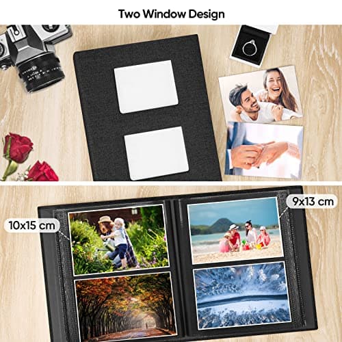 MSTONAL Photo Album 4x6 200 Pockets for Wedding Gifts, Linen Hardcover Memory Book with Front Window for Family Anniversary School Baby Travel Pictures Holds 200 Horizontal Photos, Black - Thumbnail 4