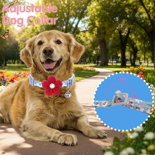 Medium Dog Collar with Flower, Dog Collars for Medium Dogs Collar for Girl Cute Dog Collar with Bell, Adjustable Length - Thumbnail 5