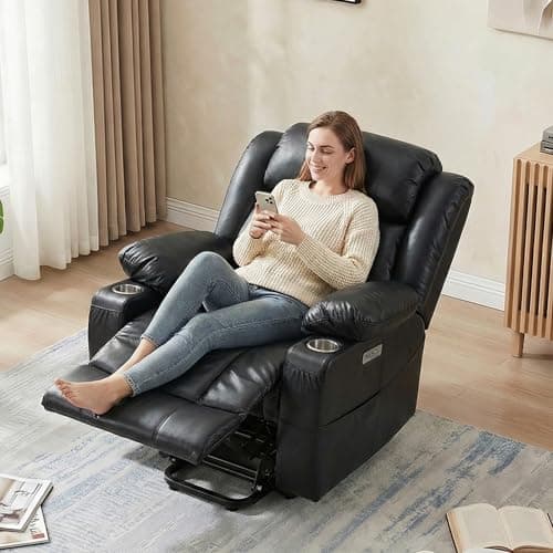 Kasunpul Oversized Power Lift Recliner with Massage and Heat for Elderly, Heavy Duty Reclining Chair, Faux Breathable Leather, Includes USB/Type-C Ports, 2 Cup Holders& Remote Control, Black - Thumbnail 5