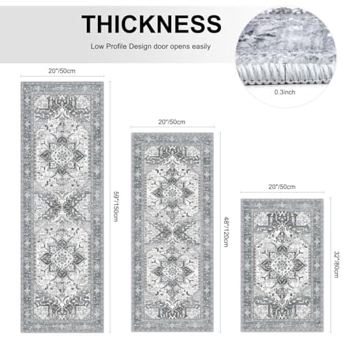 Yamaziot Boho Washable Kitchen Rugs Sets of 3, Non Slip Kitchen Mats for Floor with Rubber Backing, Waterproof & Stain Resistant Thick Carpet Runner Throw Rugs for Kitchen, Laundry Room, Hallway, Grey - Thumbnail 2