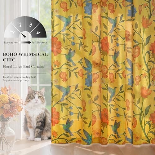 JOOJA Mustard Yellow Floral Linen Curtains, Boho Whimsical Bird Print Curtains for Bedroom Window Colorful Patterned Sheer Curtains for Living Room Kitchen 2 Panels 84 Inches Long - Thumbnail 3