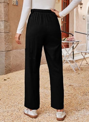 Dokotoo Linen Pants Women High Waisted Drawstring Stretch Pants Casual Loose Outdoor Travel Trousers Elastic Waistband with 4 Pockets Black - Thumbnail 3