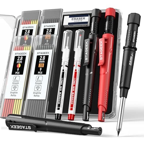 STAGEEK 2 Pack Carpenter Pencils with Sharpener, Mechanical Carpenter Pencils with 38 Refills, Construction Pencil Heavy Duty Woodworking Tools, Deep Hole Long Nib Marker Pens for Architect Marking - Image 1