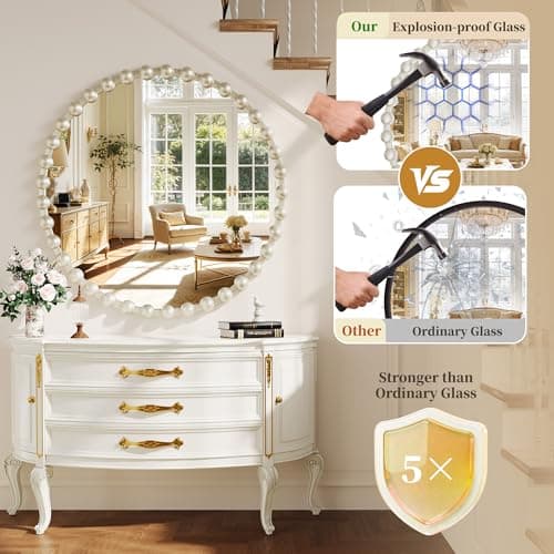 WISSMIELS Round Vanity Wall Mirror, 36 Inch Beaded Frame Circle Mirror for Bathroom, Bedroom Dresser, Entryway, Living Room, Decorative Hanging Wall Mirror, Silver - Thumbnail 2