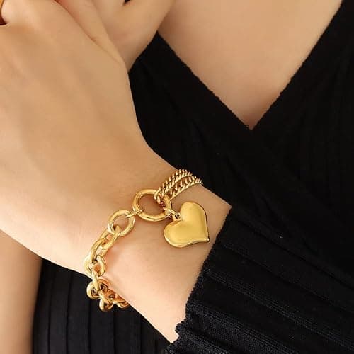 Alegend Titanium Steel (Not Rust, Resist Corruption, Easily Clean) 18K Gold Plated Romantic Heart Charm Bracelet - Adjustable Fit - Thumbnail 2