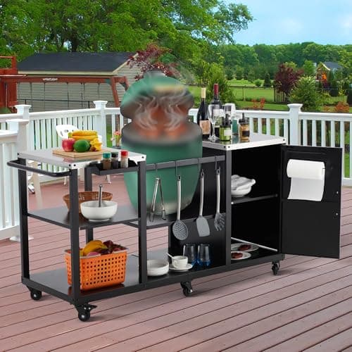 Garvee Grill Carts for Big Green Egg Style BBQ, Heavy Duty Metal Outdoor Grill Station Prep Table with Storage, Compatible with Large Big Green Egg,Outdoor Kitchen Island, BBQ Prep Table for Parties