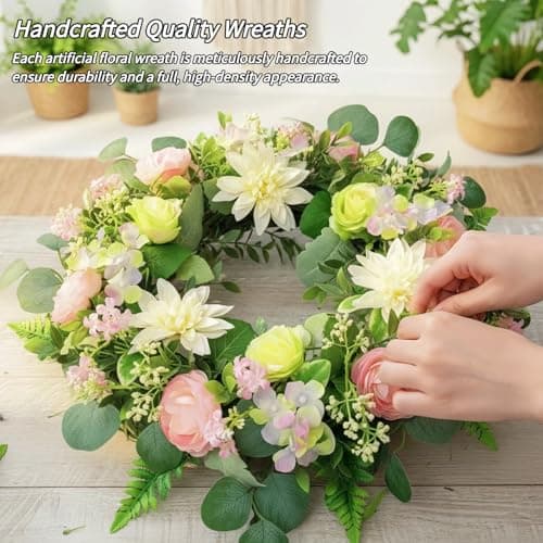 24" Pink and Green Rose Wreath - Artificial Mixed Floral Wreath with White Dahlia & Hydrangea - Spring Summer Welcome Sign for Front Door, Boho Farmhouse Porch Decor - Thumbnail 2