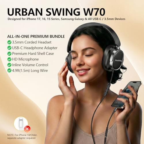 URBAN SWING W70 Wired Headphones Over Ear Headset with Mic, USB-C Adapter Plus 3.5mm Jack & Hardshell Travel Case, 4.9ft Extra-Long Braided Cord for iPad, iPhone 16/17, Samsung, PS5, Teens & Adults - Thumbnail 2