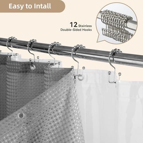 Lameirose Grey Shower Curtain and Liner Set, 3 in 1 Waffle Shower Curtain Set with 12 Double Sided Shower Curtain Hooks, Fabric Shower Curtains for Bathroom 72 x 72 - Thumbnail 2