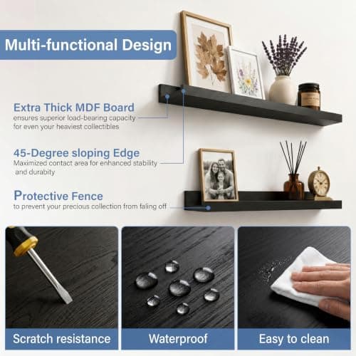 Mifurn Floating Picture Ledge Shelves, 2-Pack Wall Mounted Book Shelf for Nursery & Kids Room, Floating Shelves for Wall Photo Frames with Lip, Living Room or Bedroom, 16inch, Black - Thumbnail 5