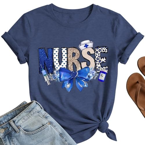 Nurse Shirt for Women Funny Blue Bow Graphic Nursing Tshirt Nurse Appreciation Gift Tops - Image 1