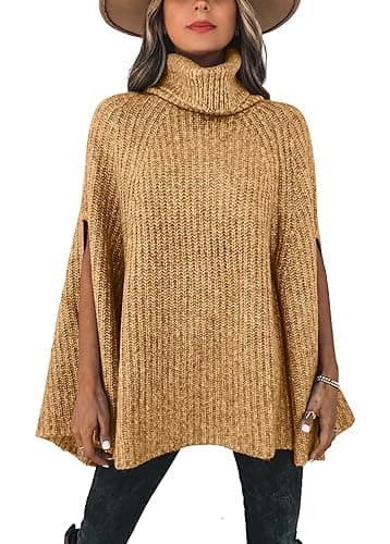 KIRUNDO Women's 2026 Fall Winter Turtleneck Poncho Sweater Fashion Chunky Knit Cape Wrap Sweaters Pullover Jumper Tops(Yellow Camel, Medium) - Image 1