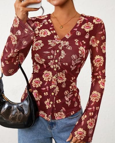 BTFBM Button Down Shirts for Women 2026 Spring Boho Tops V Neck Long Sleeve Blouses Ruched Mesh Fitted Fashion Clothing(Brown, Small) - Thumbnail 4