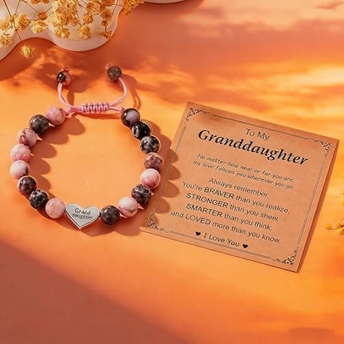 Dhdgzq Granddaughter Bracelet from Grandma, Heart Natural Stone Beaded Bracelet for Girls, Valentines Birthday Easter Gifts for Daughter Granddaughter, Adjustable Jewelry Gift for Girls - Thumbnail 4